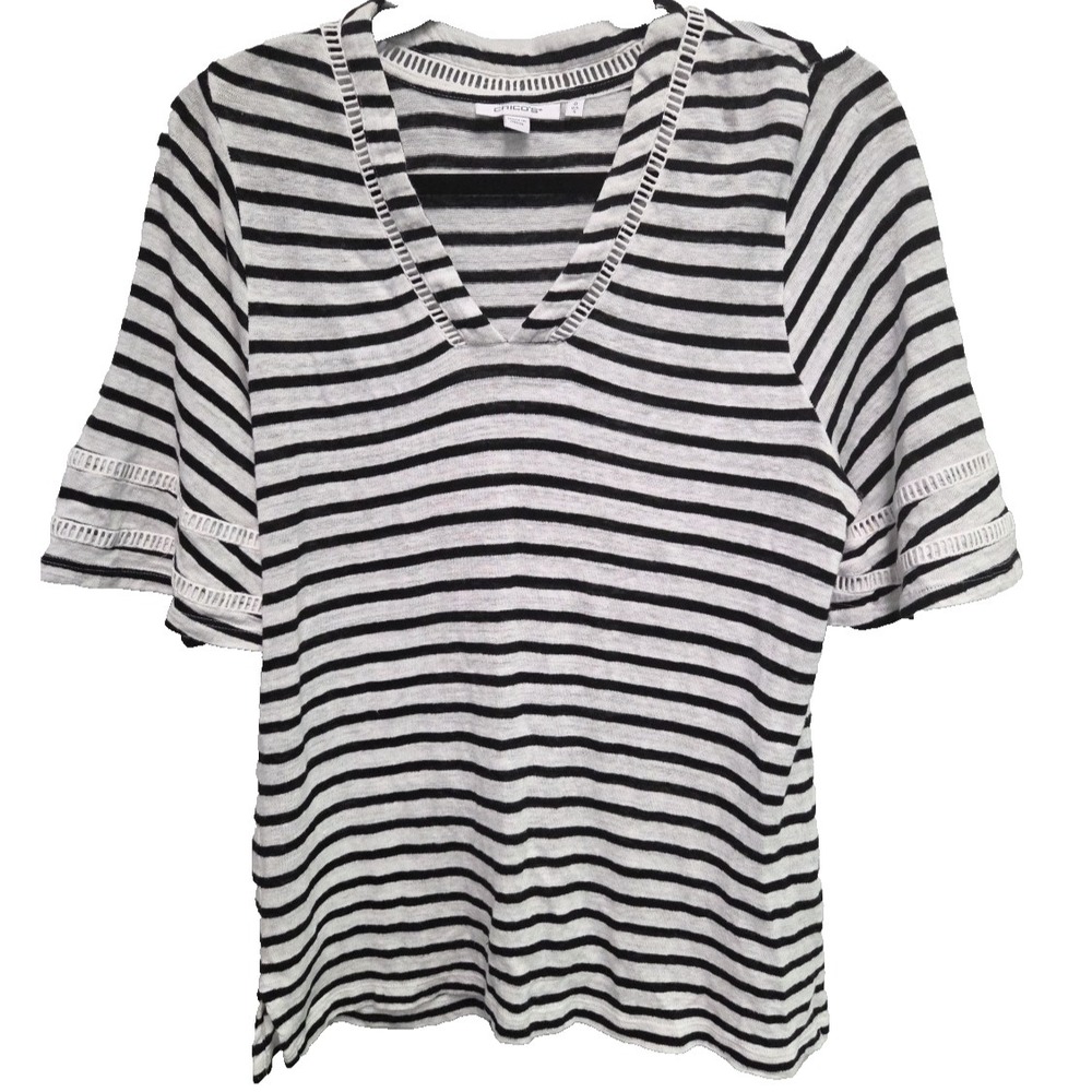 Chicos Womens Black/ White Striped Linen V-Neck Top‎ Size 0 (S) Classic